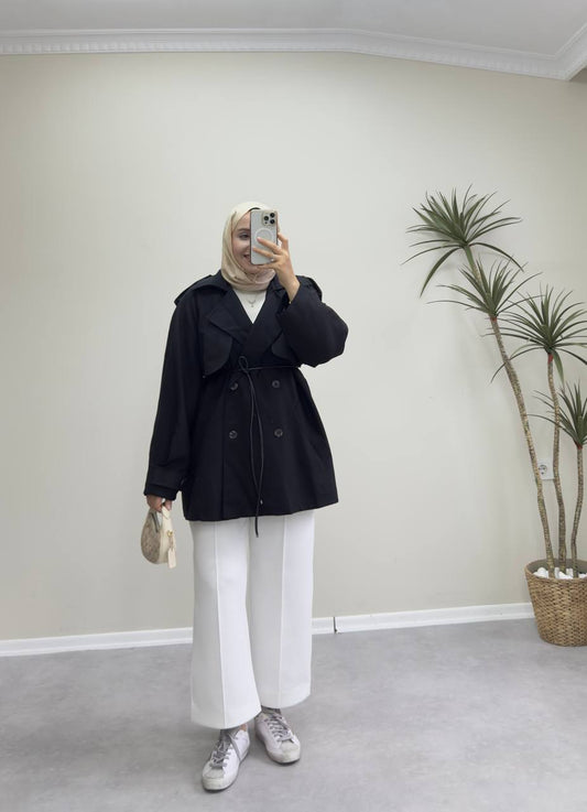 2585 - Deri Kemerli Trençkot - Siyah