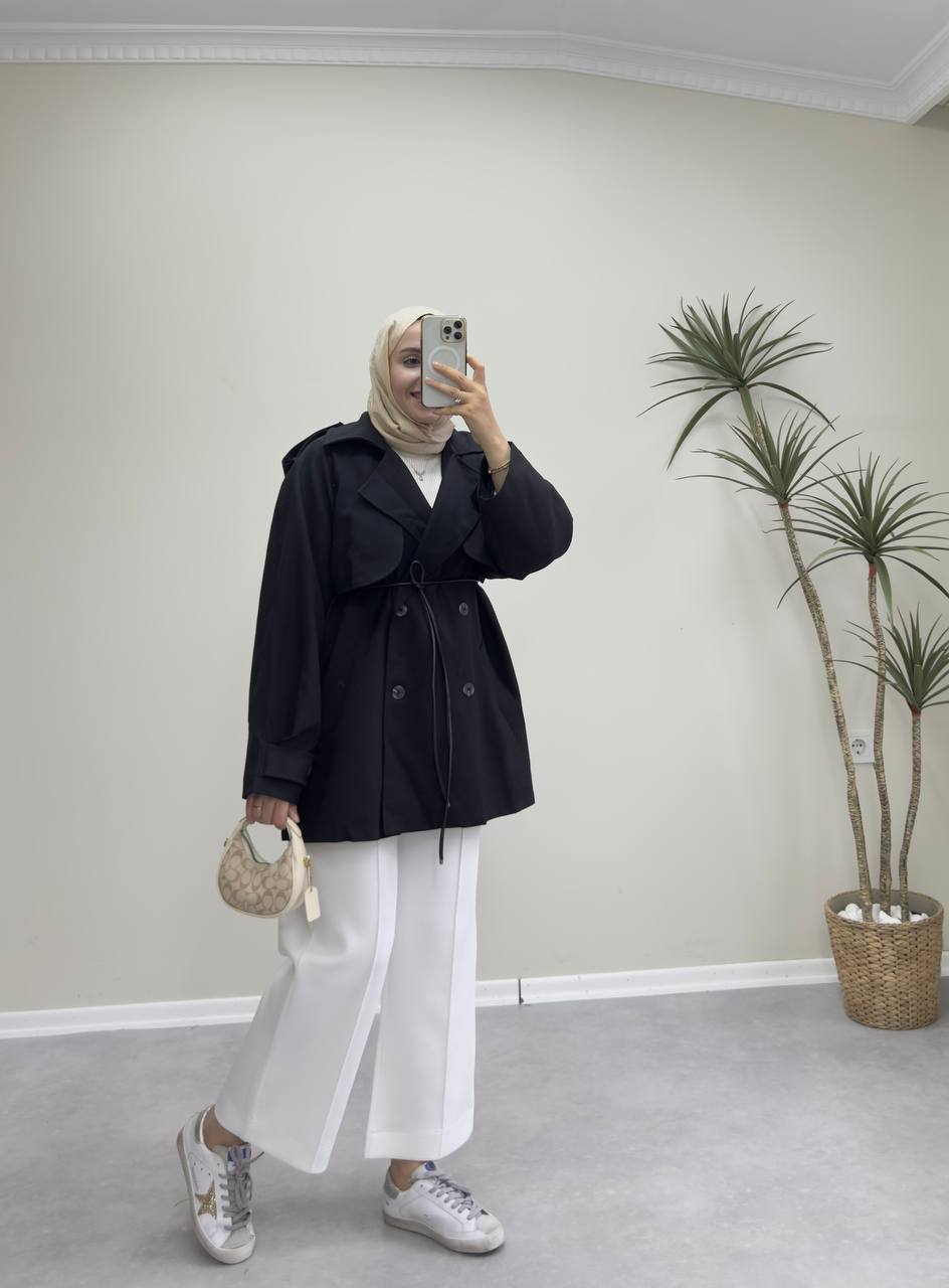 2585 - Deri Kemerli Trençkot - Siyah