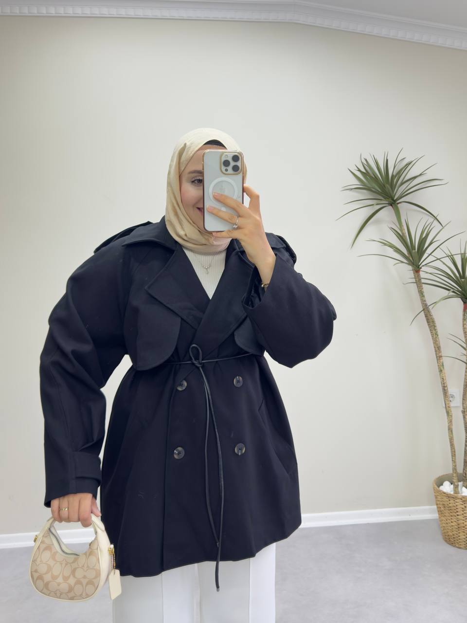 2585 - Deri Kemerli Trençkot - Siyah