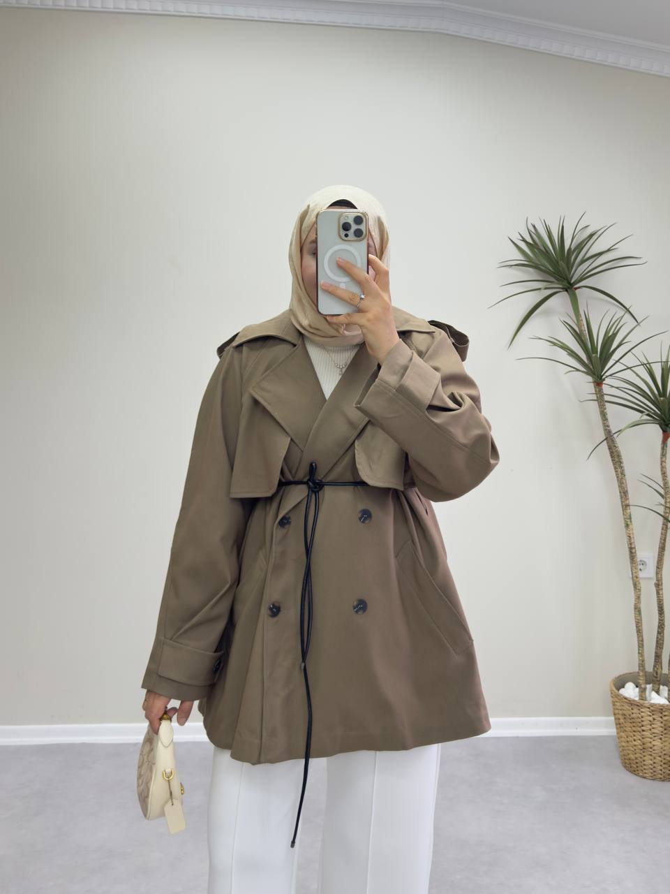 2585 - Deri Kemerli Trençkot - Kahve