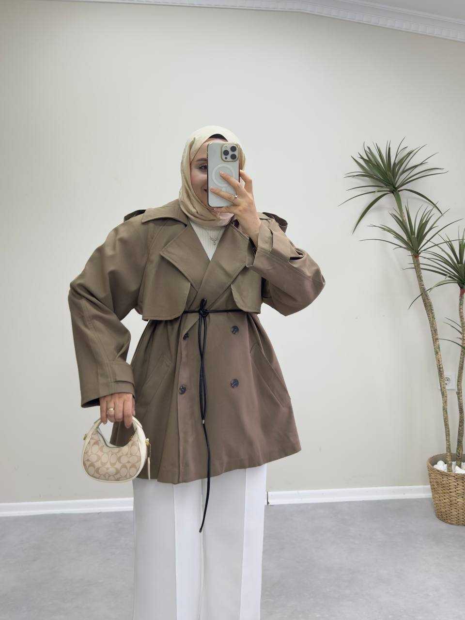 2585 - Deri Kemerli Trençkot - Kahve