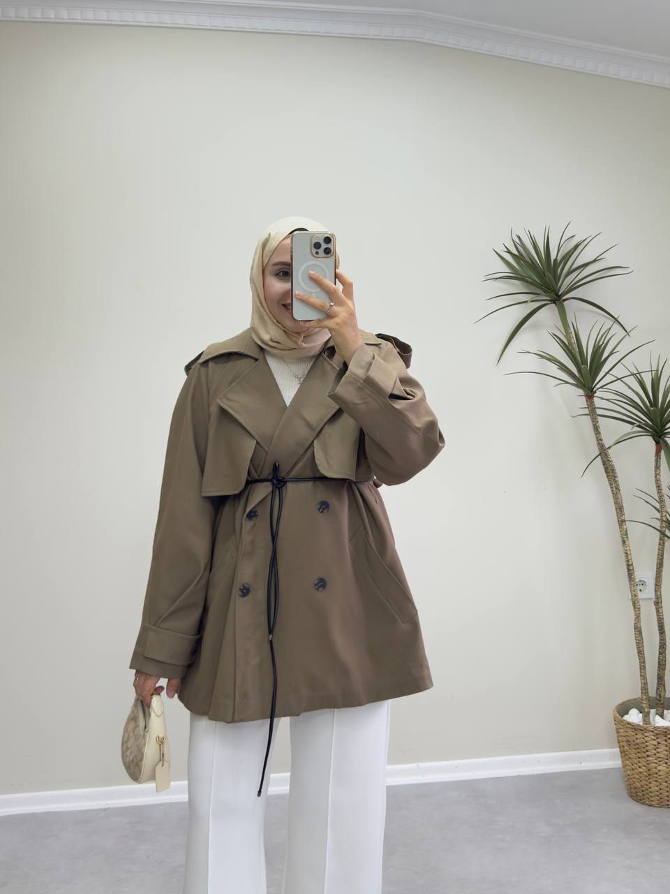 2585 - Deri Kemerli Trençkot - Kahve