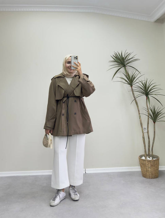 2585 - Deri Kemerli Trençkot - Kahve