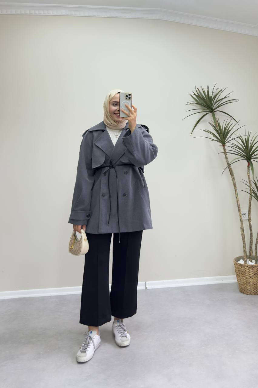 2585 - Deri Kemerli Trençkot - Antrasit