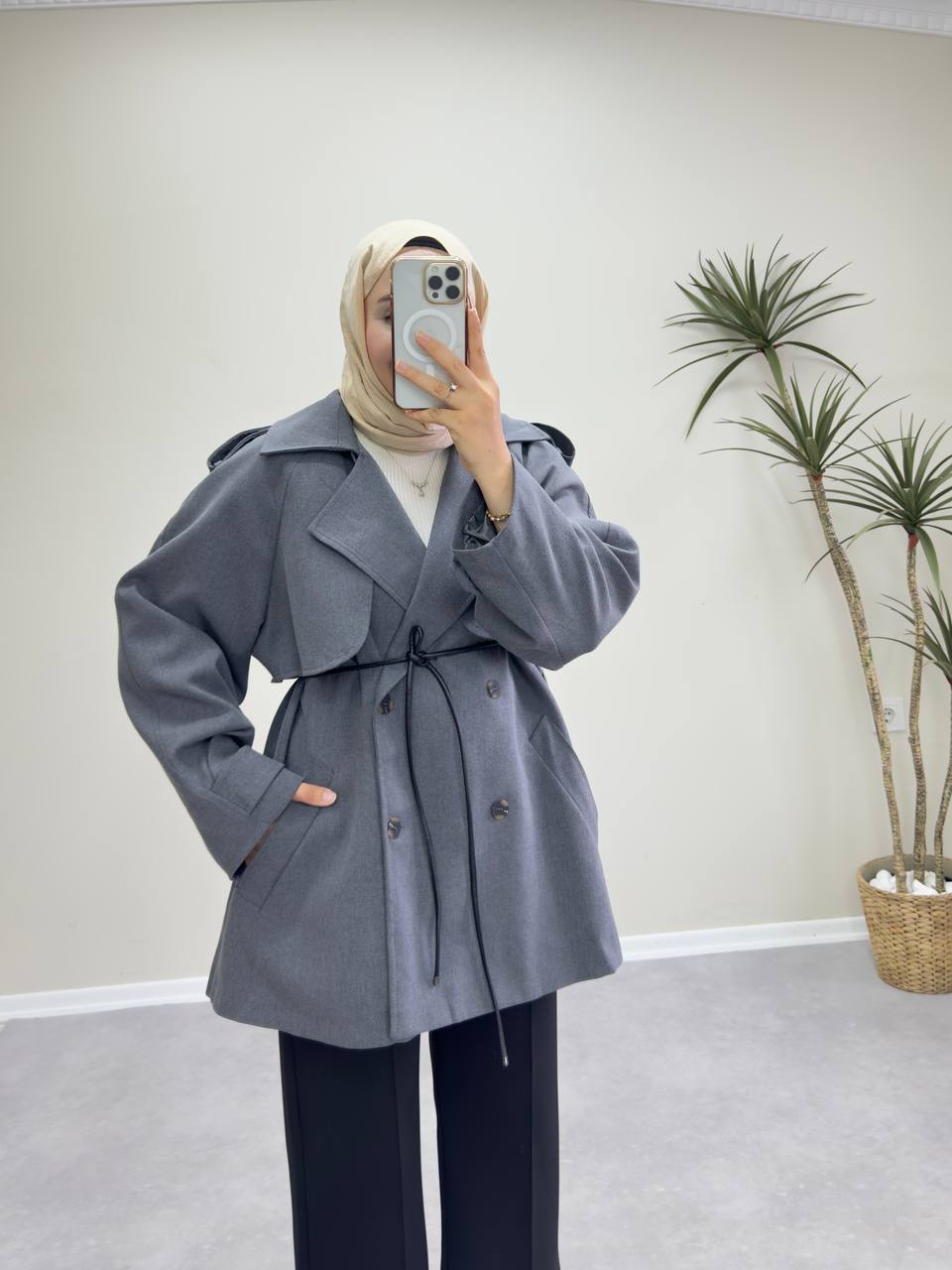 2585 - Deri Kemerli Trençkot - Antrasit