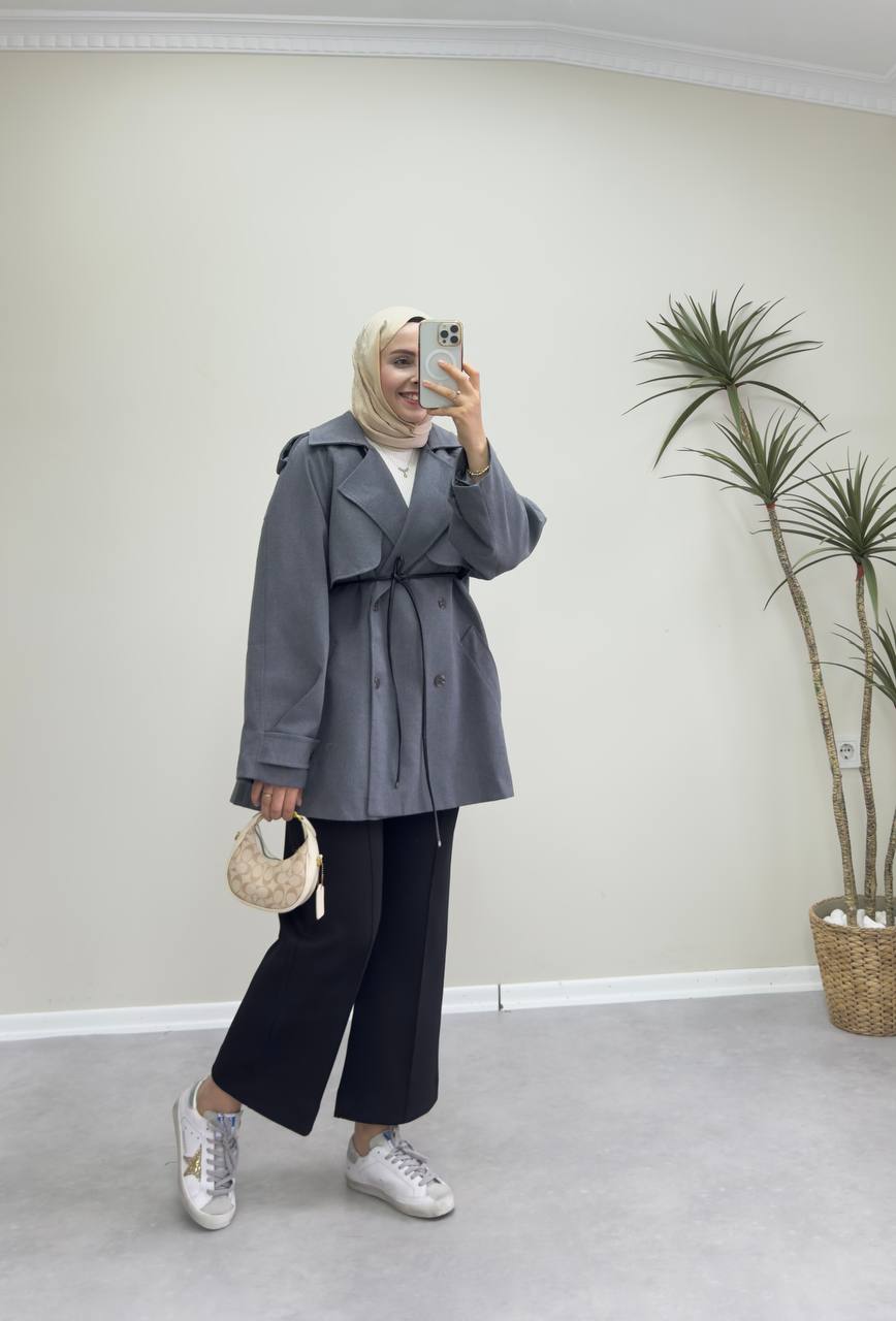 2585 - Deri Kemerli Trençkot - Antrasit