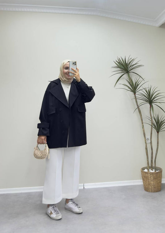 1182 - Düğmeli Trençkot - Siyah