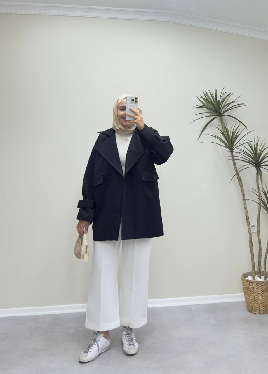 1182 - Düğmeli Trençkot - Siyah