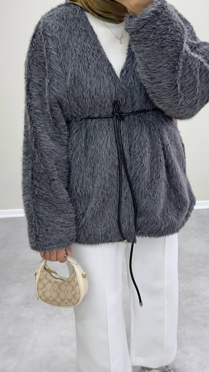 2578 - Yün Deri İpli Ceket - Gri