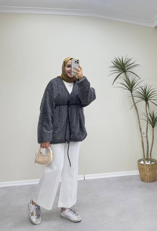 2578 - Yün Deri İpli Ceket - Gri