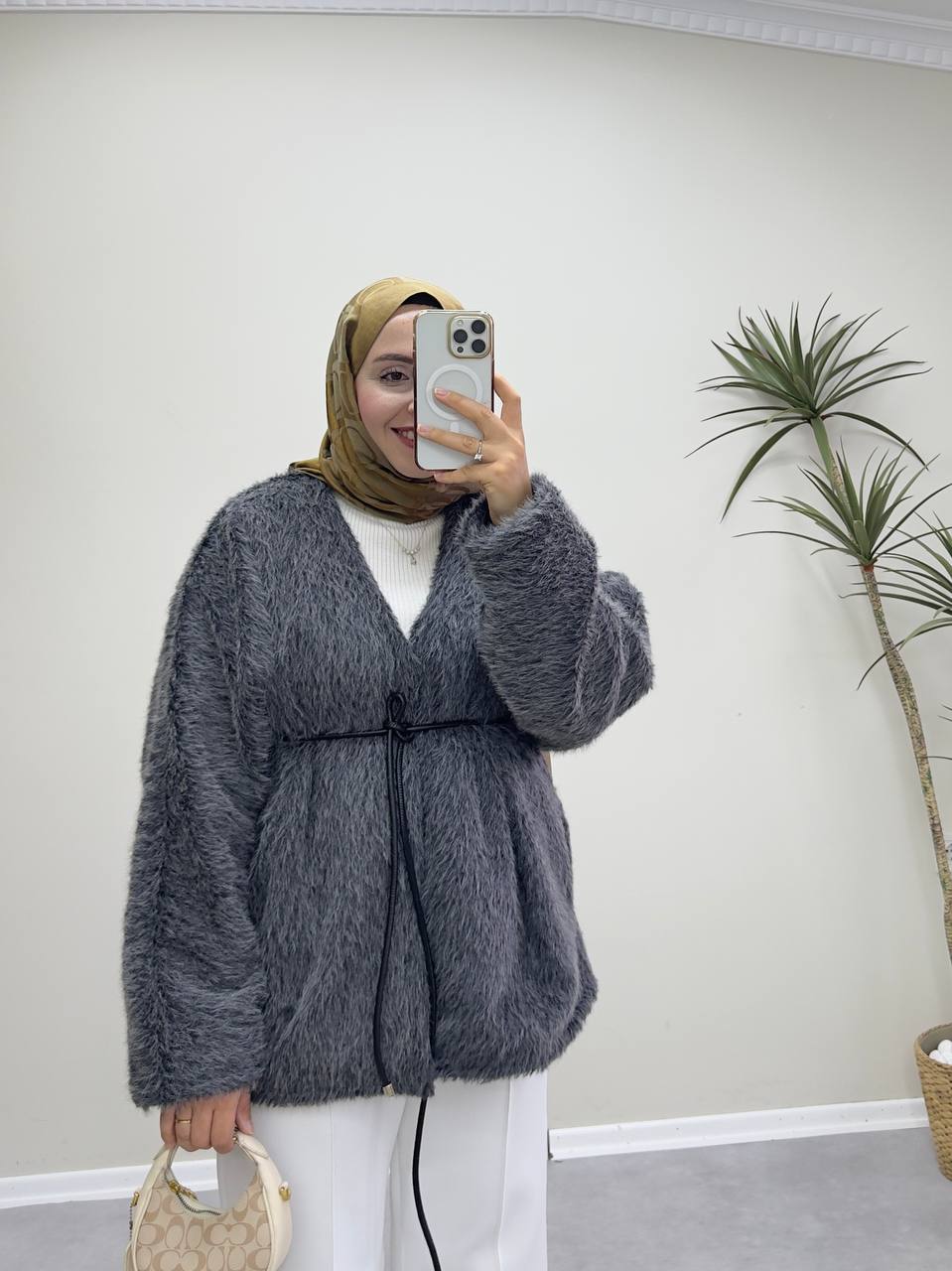 2578 - Yün Deri İpli Ceket - Gri