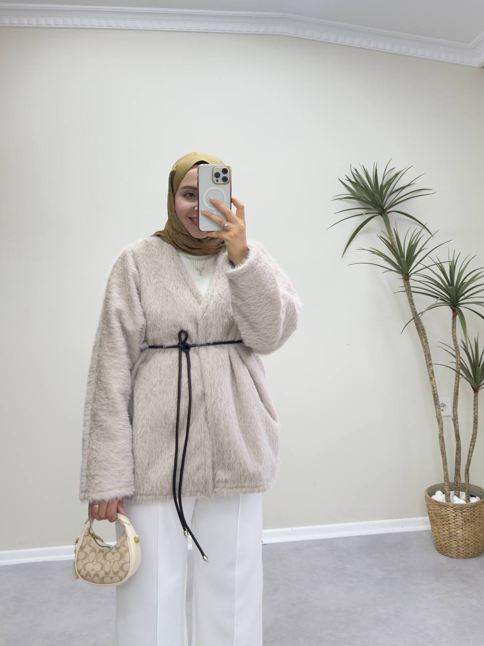 2578 - Yün Deri İpli Ceket - Bej