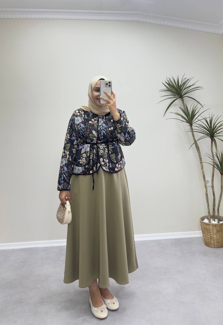 2370 - Jakarlı Ceket - Siyah Çiçekli