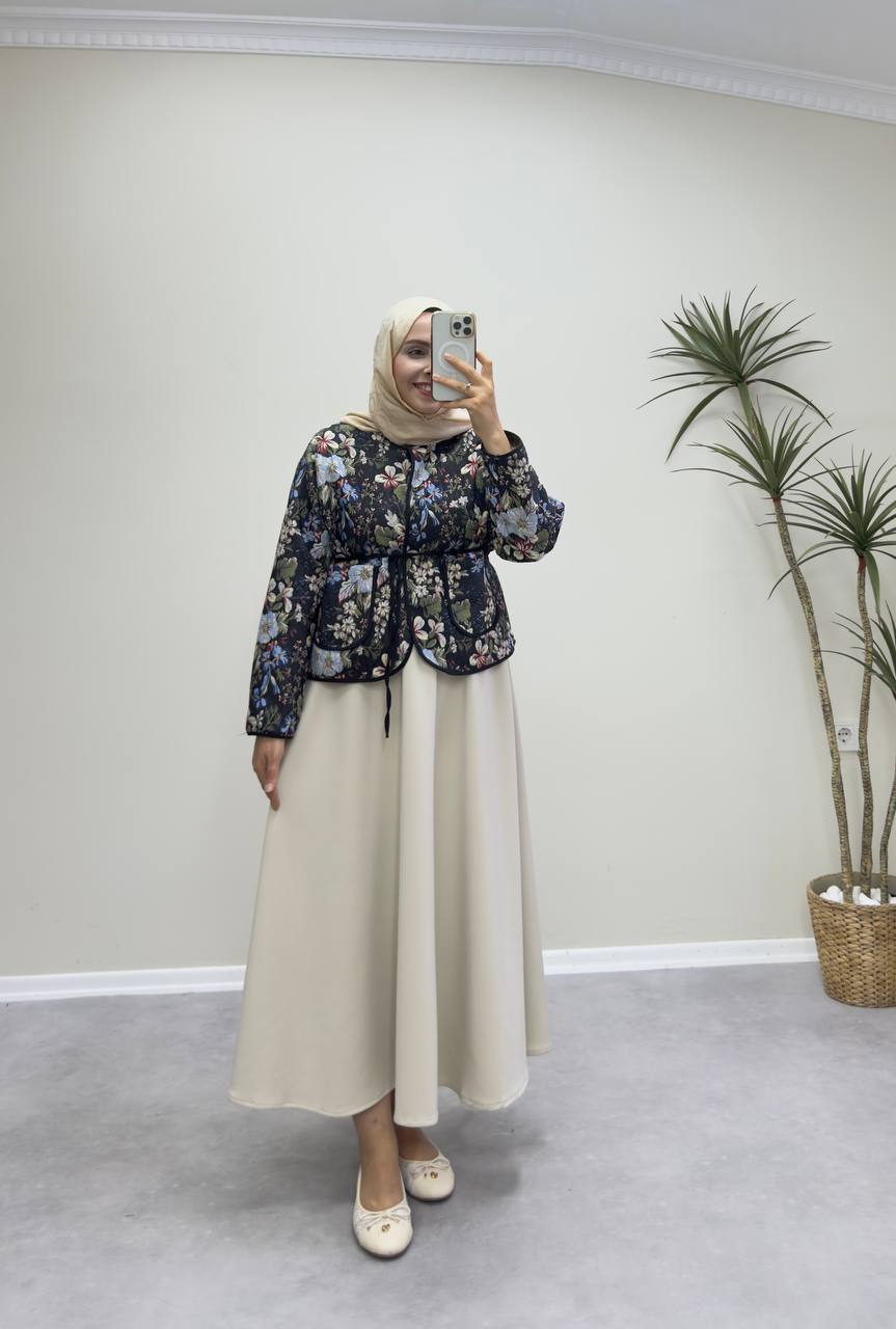 2370 - Jakarlı Ceket - Siyah Çiçekli