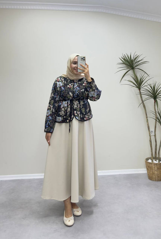 2370 - Jakarlı Ceket - Siyah Çiçekli