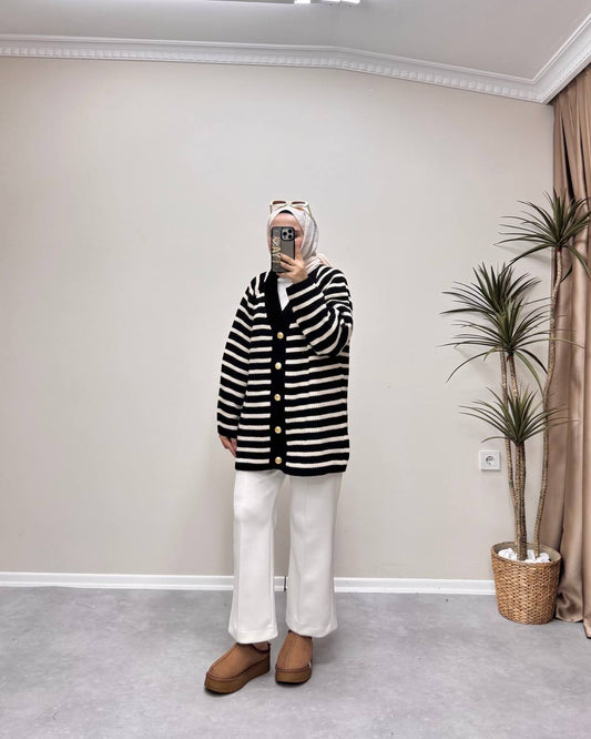 2639 - Çizgili Hırka - Siyah