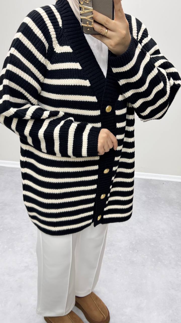 2639 - Çizgili Hırka - Siyah