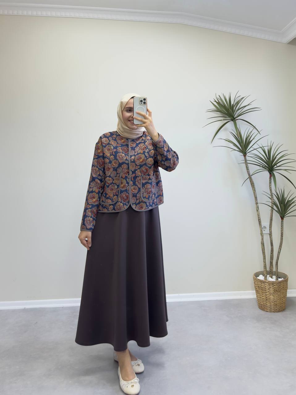 2370 - Jakarlı Ceket - Kahve Çiçekli