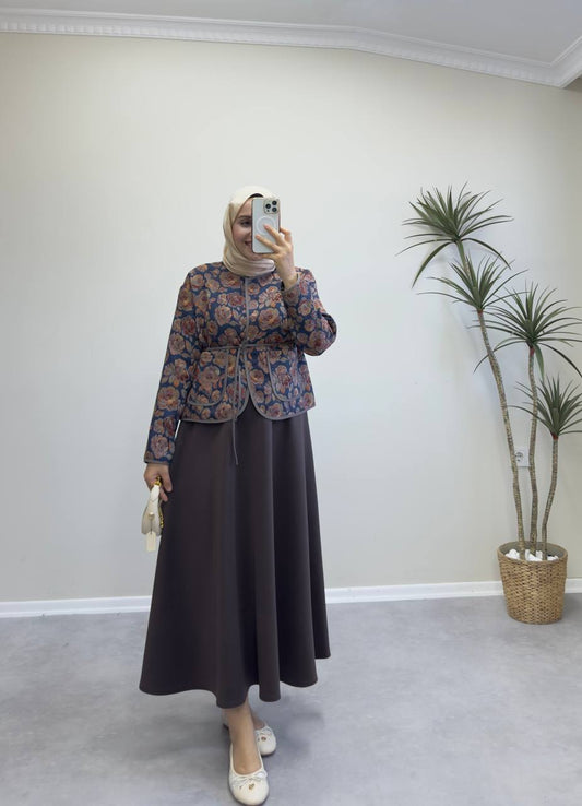 2370 - Jakarlı Ceket - Kahve Çiçekli