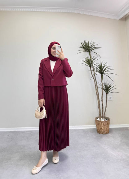 1700 - Ceketli Pileli Etek Takım - Bordo