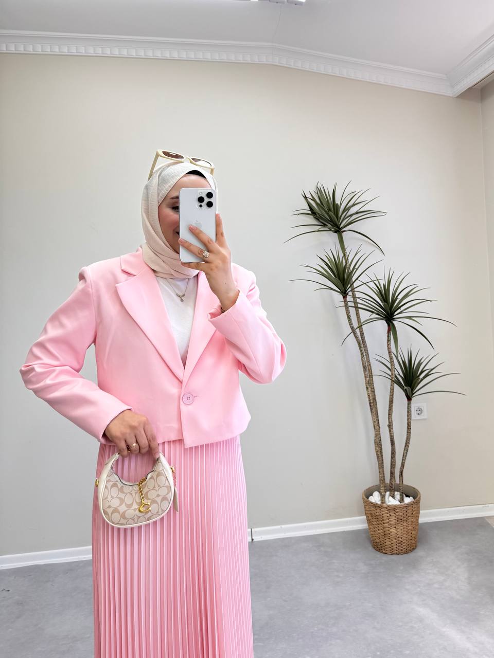 1700 - Ceketli Pileli Etek Takım - Pembe