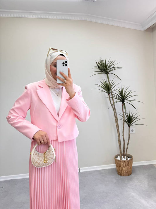 1700 - Ceketli Pileli Etek Takım - Pembe