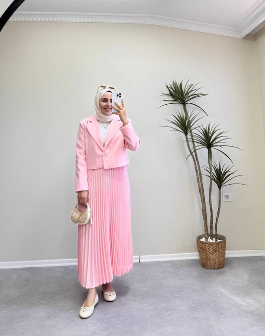1700 - Ceketli Pileli Etek Takım - Pembe